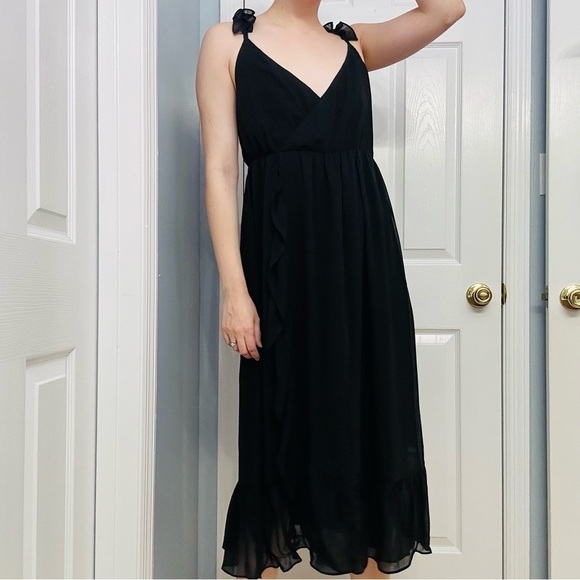 Madewell Dress Midi Black Ruffle V-Neck Whimsigoth Cocktail 8 Petite Medium - Picture 8 of 8